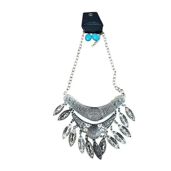 Paparazzi Blue Turquoise Silver Tone Necklace Layered Choker Collar Earrings New - Picture 4 of 4